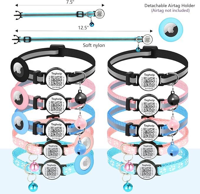 Reflective AirTag Cat Collar, Integrated Cat Collar with Air Tag Holder and Bell, Breakaway with QR Code Name Tag,Safety Elastic Band Cat Collars for Girl Boy Cats, Kittens and Puppies (Blue)