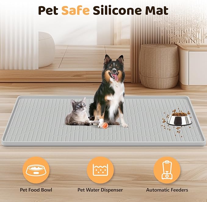 Silicone Cat & Dog Food Mat, 40" x 22" Extra Large Pet Feeding Mat for Cats and Dogs Bowl, Pet Placemat for Food and Water with Raised Edge, Waterproof, Leakproof (Grey)