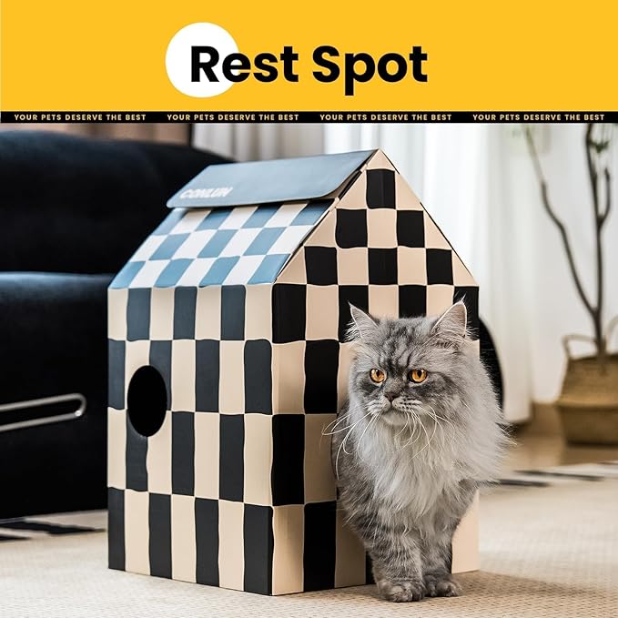 Cardboard Cat House with Scratch Pad & Catnip, Cat Play Scratching House for Indoor Hideaway Furniture, Heavy Duty Sturdy Cardboard Scratcher, Easy to Assemble Birthday Gift, Medium, 2 Pack