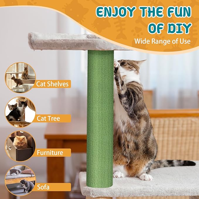 Climbing Cat Scratcher Mat Trimmable Cat Scratching Post Carpet 78.7’’x15.8’’ Self Adhesive Carpet Mat Pad Replacement for Cat Tree Shelves Post Couch Wall Furniture Steps DIY Protector (Green)