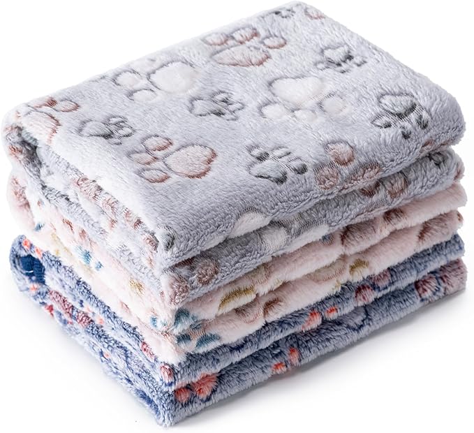 1 Pack 3 Blankets Super Soft Fluffy Premium Fleece Pet Blanket Flannel Paw Printed Throw for Dog Puppy Cat (Medium 30x20'', Beige, Grey, Navy)