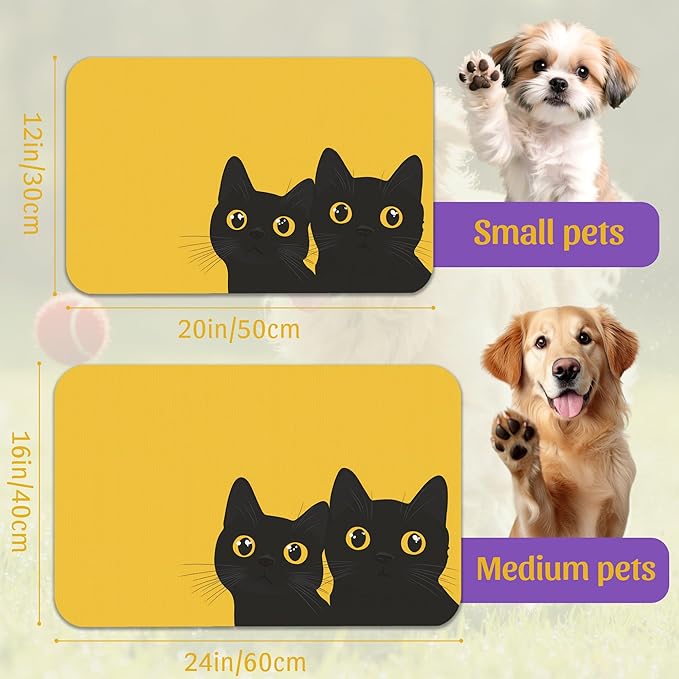 Cute Black Cat Peeking Pet Bowl Mat, Absorbent Placemat for Food and Water, Waterproof Non-Slip Rubber Base – 16x24 Inch