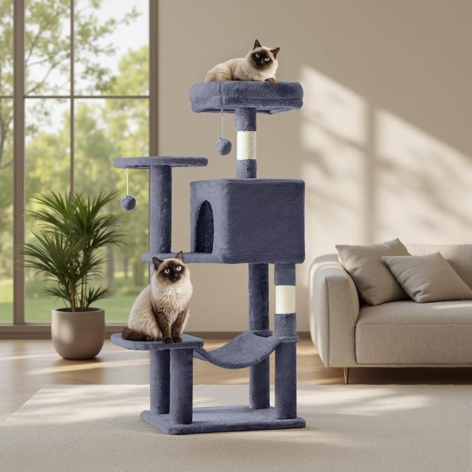 Sweetcrispy 44 inch Cat Tree Tower, Small Cat Climbing Tower with Condo, Natural Sisal Scratching Posts, Extended Platform, Hammock, Pet House for Indoor Cats and Kittens Play, Dark Grey
