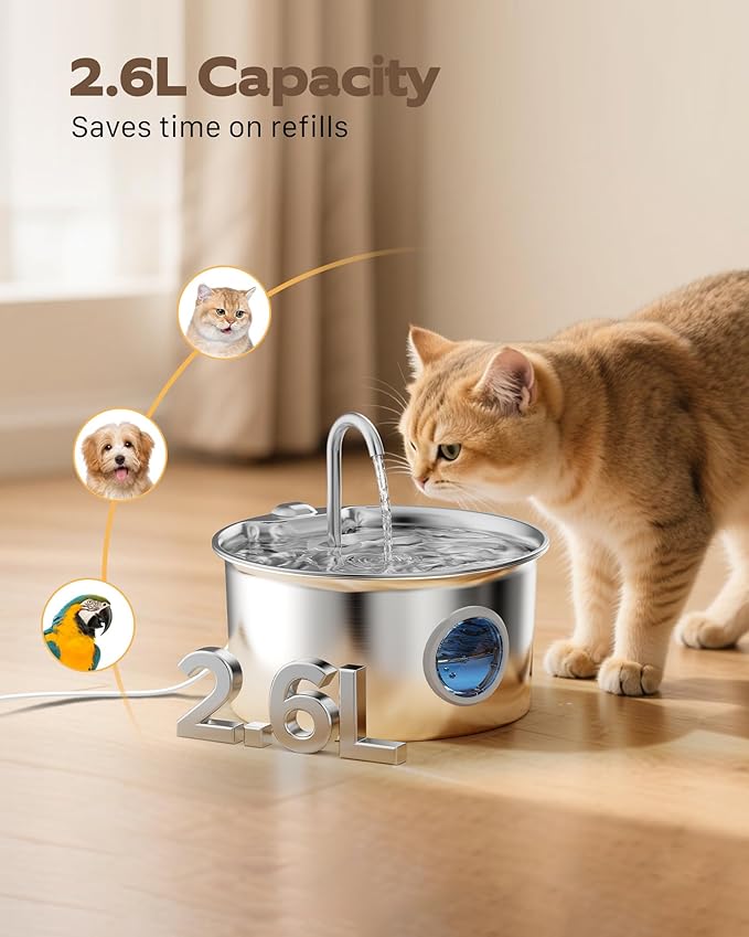 Cat Water Fountain Stainless Steel: Cat Fountain for Drinking - 88oz/2.6L Pet Water Fountain for Cats Indoor - Quiet Cats Water Bowl Dispenser - Pets Feeding & Watering Supplies - for Small Animals