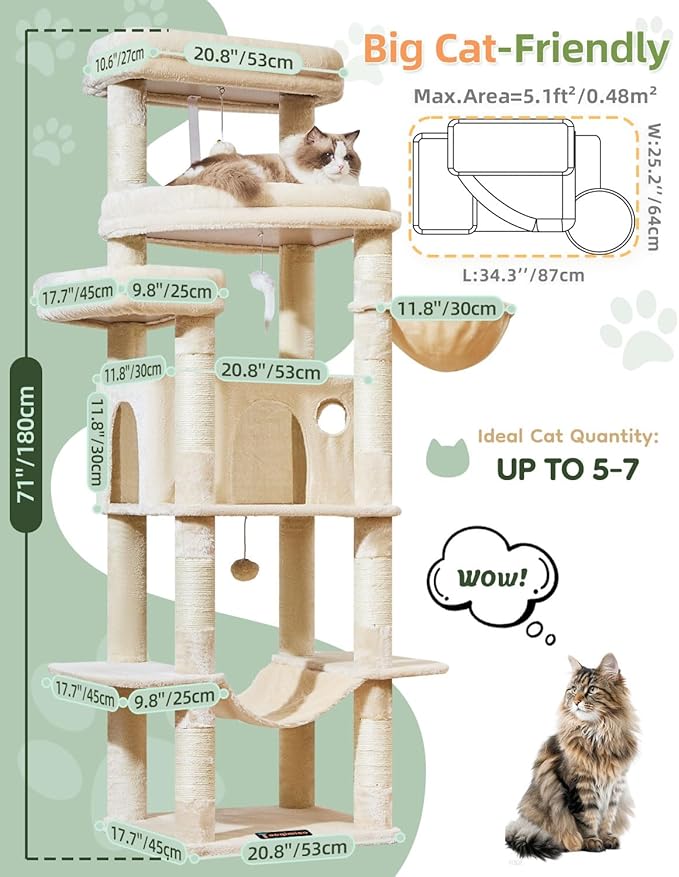 Taoqimiao 71 Inches Cat Tree for Large Cats 20lbs+, 3 Giant Perches, Multi-Level Cat Tree Tower, Widened Cat Condo with 9 Scratching Posts, Luxurious Hammcock & Basket, Beige, MS034M
