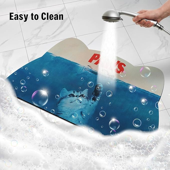Cat Food Mat - Pet Feeding Mat for Floor, Non-Slip, Waterproof, Super Absorbent, Easy to Clean, Blue, Cat, Dog 12.2''x19.7''