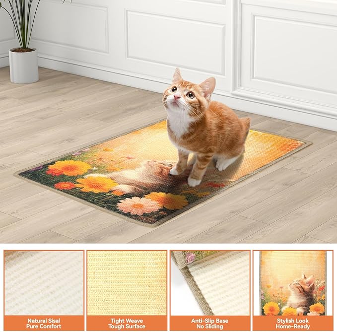 Cat Scratching Mat, 23.6 x 15.7'' Large Sisal Cat Scratch Pad with Non-Slip Backing, Cat Scratcher Mat for Floor, Wall, Sofa & Furniture Protection(OrangeWarm)