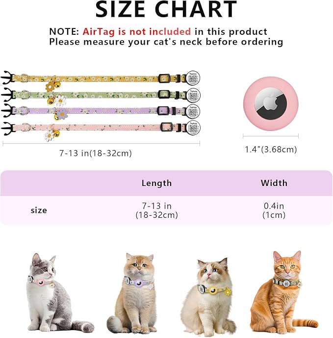 8-13in Airtag Cat Collar Lightweight and Comfortable, Bells & Flower Charm Collar Breakaway with Silicone with Apple Air Tag Holder Smart ID tag for Cats and Puppies(Purple)