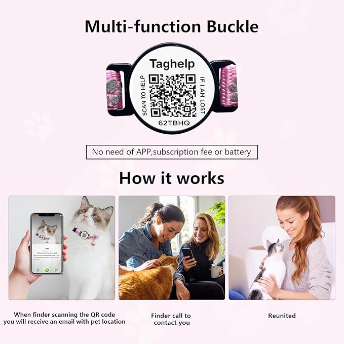 Personalized Cat Collar with Name TAG,Adjustable Tough Nylon Cat ID Collars with Bell, smaet ID Pet Name and Phone Number.NO APP | No Subscription or fees (Pink Cute paw Print)