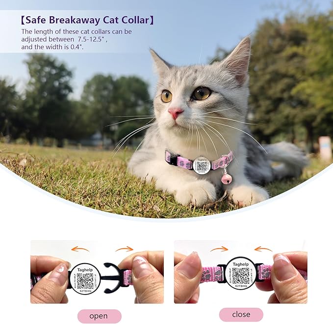 Personalized Cat Collar with Name TAG,Adjustable Tough Nylon Cat ID Collars with Bell, smaet ID Pet Name and Phone Number.NO APP | No Subscription or fees (Pink Cute paw Print)