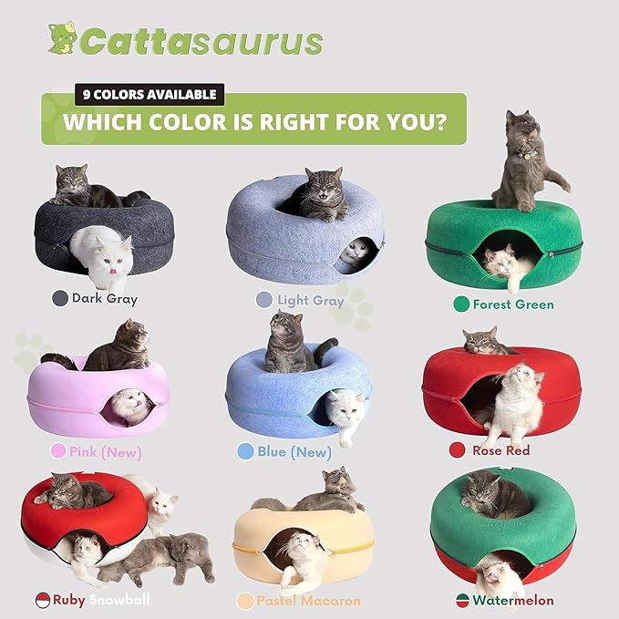 Cattasaurus Peekaboo Cat Cave Donut for Multiple & Large Cats up to 30-45 lbs, 3-in-1 Self Warming Cat Bed, Tunnel & Scratcher for Indoor Cats, Washable & Detachable Small Dog Bed (Pink, Jumbo)
