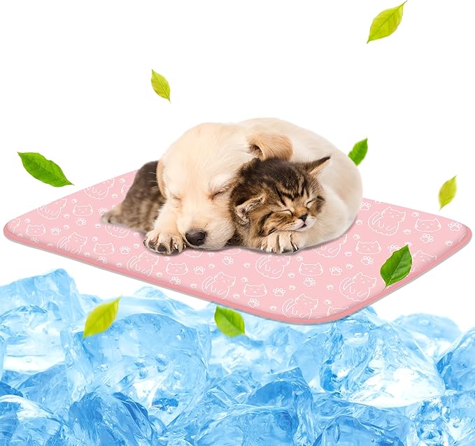 NWK Pet Cooling Mat - Ice Silk Cooling Mat for Dogs & Cats Portable & Washable Pet Cooling Blanket, Car Seats, Beds for Summer (1, Pink Cat, 20'' X 27'' X 0.3'')