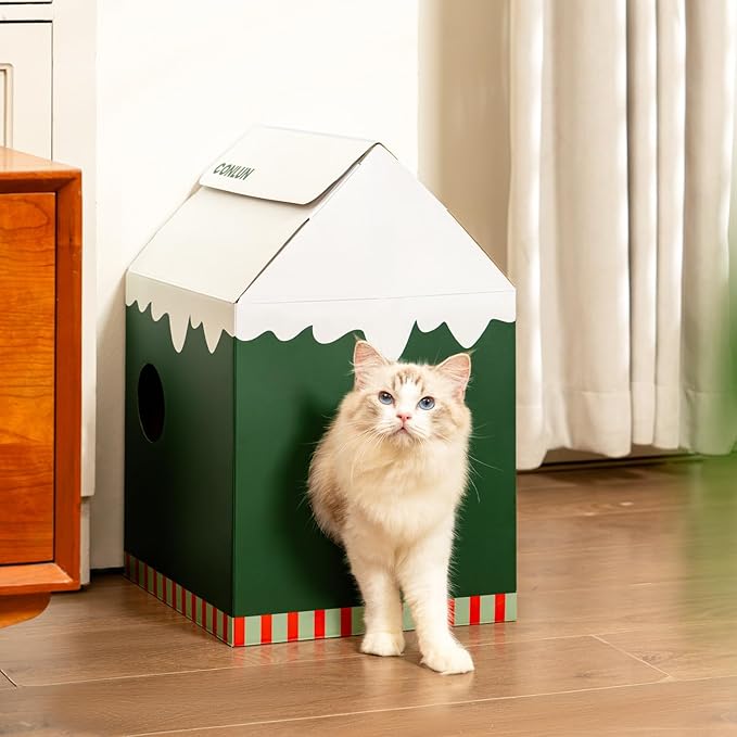 Cardboard Cat House with Scratch Pad & Catnip, Cat Play Scratching House for Indoor Hideaway Furniture, Heavy Duty Sturdy Cardboard Scratcher, Easy to Assemble Birthday Gift, Medium