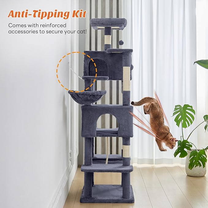 Sweetcrispy 66 inch Cat Tree Tower, Large Multi Level Cat Climbing Tower with Condo, Natural Sisal Scratching Posts, Extended Platform, Hammock, Pet House for Indoor Cats and Kittens Play, Dark Grey