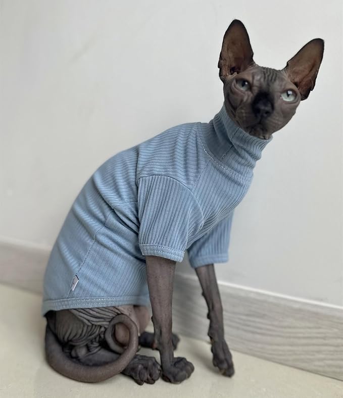 Sphynx Hairless Cats Shirt Cotton Cat Turtleneck Sweater Pullover Kitten T-Shirts with Sleeves Cat Pajamas Jumpsuit for Sphynx Cornish Rex, Devon Rex, Peterbald (Small (Pack of 1), Sky Blue)