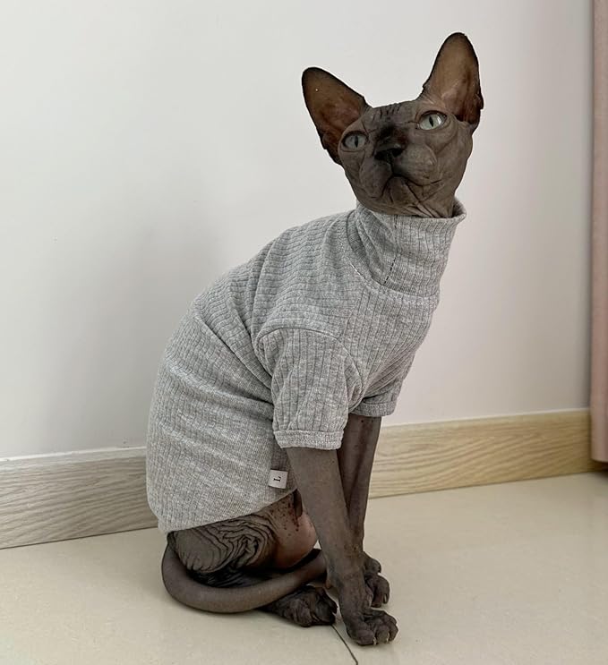 Sphynx Hairless Cats Shirt Cotton Cat Turtleneck Sweater Pullover Kitten T-Shirts with Sleeves Cat Pajamas Jumpsuit for Sphynx Cornish Rex, Devon Rex, Peterbald (Small (Pack of 1), Light Grey)