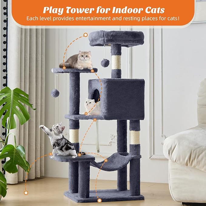 Sweetcrispy 44 inch Cat Tree Tower, Small Cat Climbing Tower with Condo, Natural Sisal Scratching Posts, Extended Platform, Hammock, Pet House for Indoor Cats and Kittens Play, Dark Grey