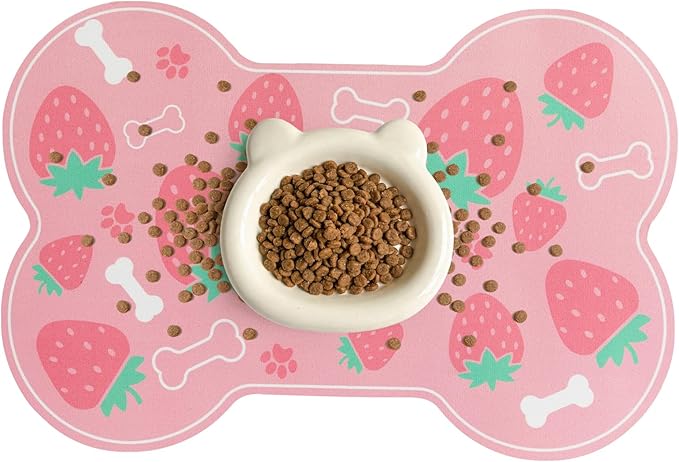 Dog Food Mat, 0.15” Thickened Super Absorbent Pet Feeding Mat for Food and Water, Fruit Donut Pattern Cat Placemat, Quick Dry Non-Slip Dog Bowl Mat, Water Splash Proof（Large Strawberry Pink）