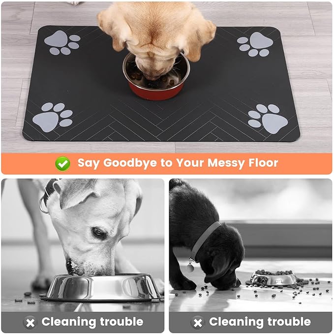 Pet Feeding Mat-Absorbent Pet Placemat for Food and Water Bowl, with Waterproof Rubber Backing, Quick Dry Water Dispenser Mat for Dog and Cat (27"x17", Black)