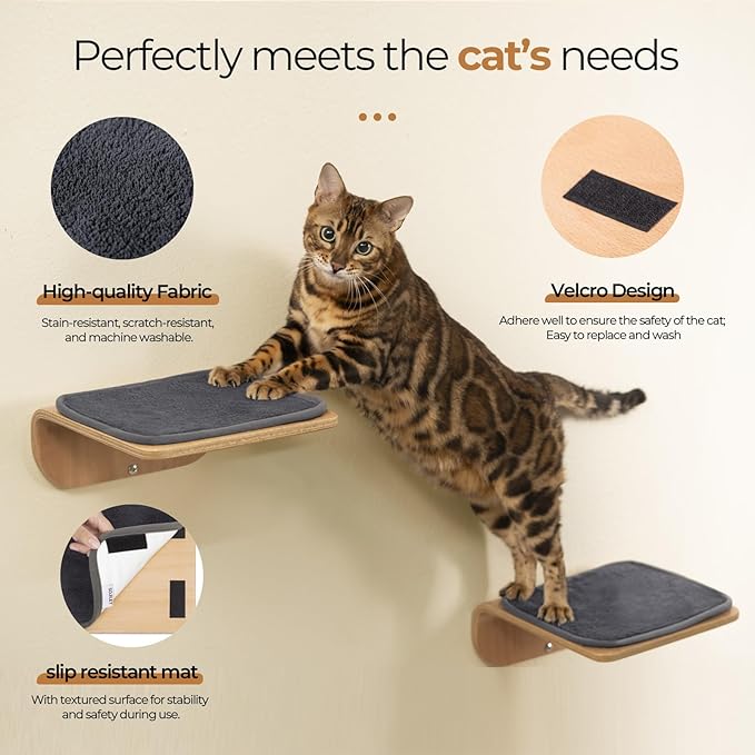 Cat Wall Shelves for Cat Wall Steps, Perch, Ladder, Wooden Floating Modern Mounted Space Saving Furniture with Scratching Cushion Removal Cover for Climbing, Jumping and Sleeping(Steps)