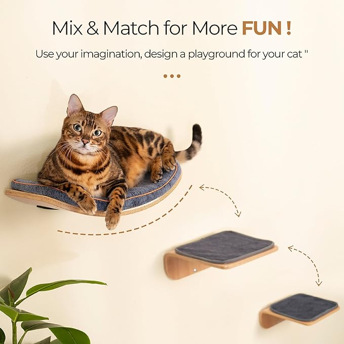 Cat Wall Shelves for Cat Wall Steps, Perch, Ladder, Wooden Floating Modern Mounted Space Saving Furniture with Scratching Cushion Removal Cover for Climbing, Jumping and Sleeping (Perch)