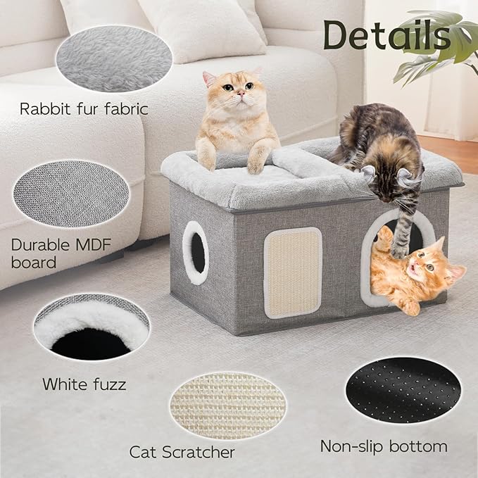 WINDRACING Cat Beds for Indoor Cats - Extra Wide Cat House for Pet and Foldable Cat Cave Bed with Scratch Pad, Cat Hideaway Condo for Kitten, 24.4x16.9x14.2 inches, Light Grey