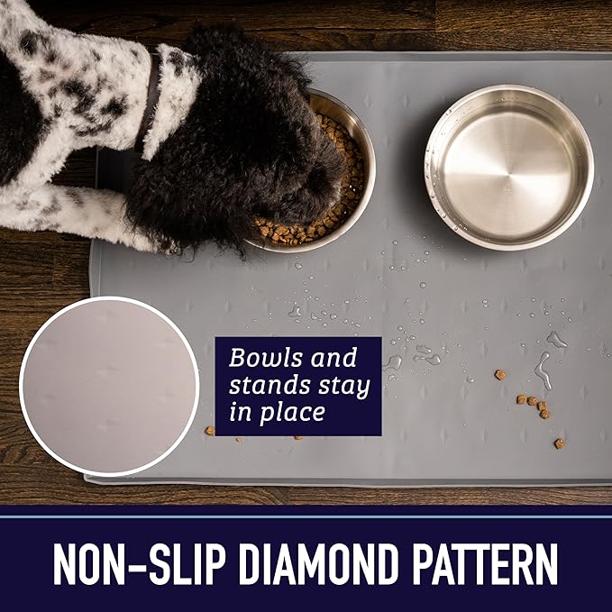 Leash Boss Dog Food Mat - Waterproof Cat & Dog Bowl Mat for Food and Water, Silicone Pet Feeding Mats for Floors, Non-Slip Placemat with High Edges, Puppy Essentials (ML: 20"x13", Navy)