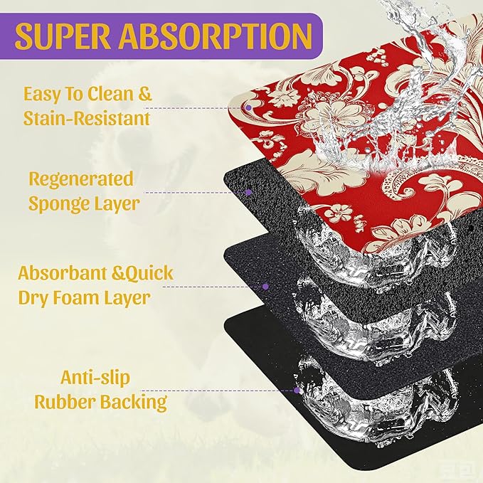 Red White Paisley Pet Food Mat, Absorbent Feeding Pad for Dogs and Cats, Waterproof Anti-Slip Base – 12x20 Inch