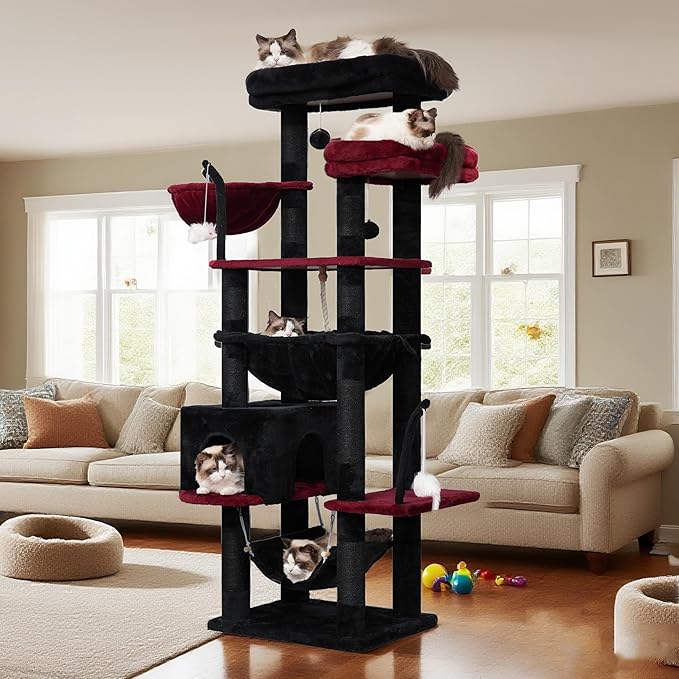 Gothic Cat Tree, Cat Tower for Large Cats with 2 Big Platforms, 2 Baskets, condo and Toys, 63" Cat Scratching Posts for Indoor Cats, Black and red GCT020BR