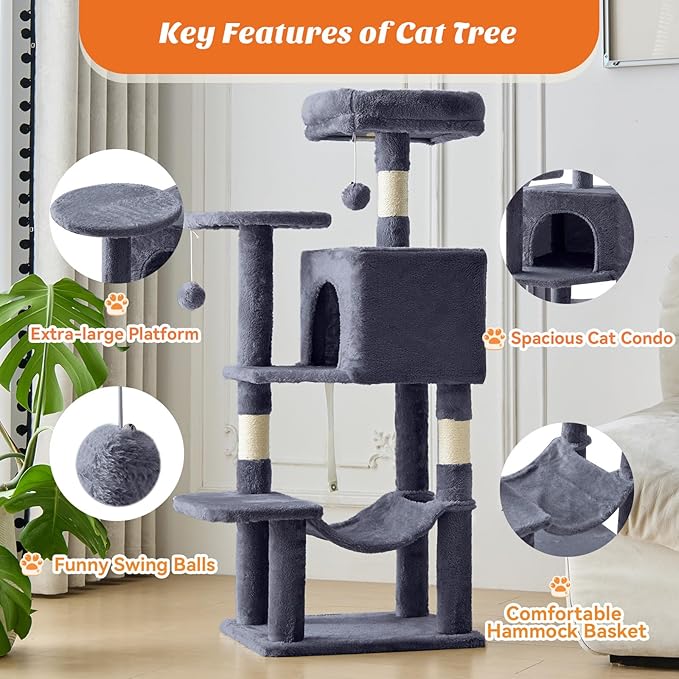Sweetcrispy 44 inch Cat Tree Tower, Small Cat Climbing Tower with Condo, Natural Sisal Scratching Posts, Extended Platform, Hammock, Pet House for Indoor Cats and Kittens Play, Dark Grey