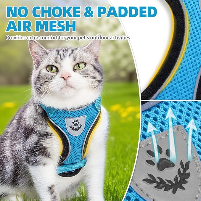 PUPTECK Cat Harness and Leash Set Escape Proof Reflective Cat Walking Harness Adjustable Soft Breathable Mesh Vest for Small Pets, Blue, XS