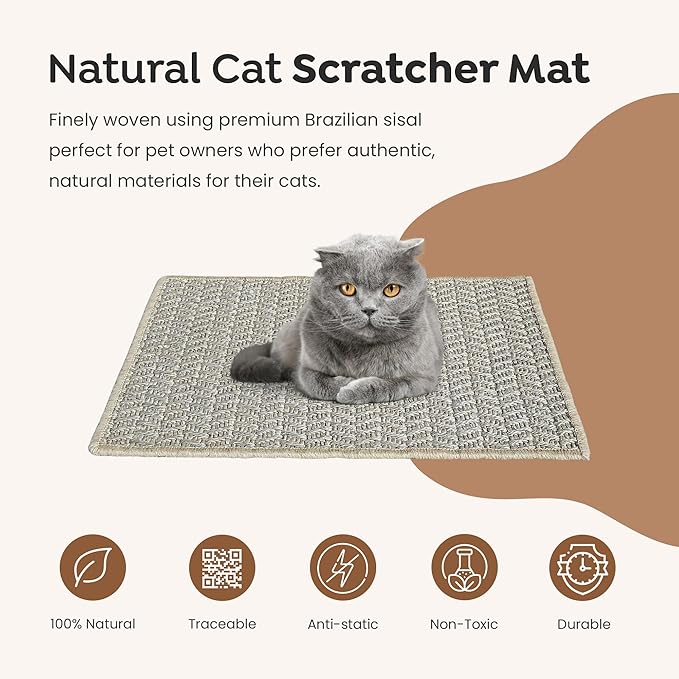 Premium Brazilian Cat Scratcher Mat – 24'' x 16'' Natural Fiber 100% Sisal with Jute Border, Ultra Durable, Scratching Pad, Doormat Rug, Protects Furniture and Carpets (Light Grey)