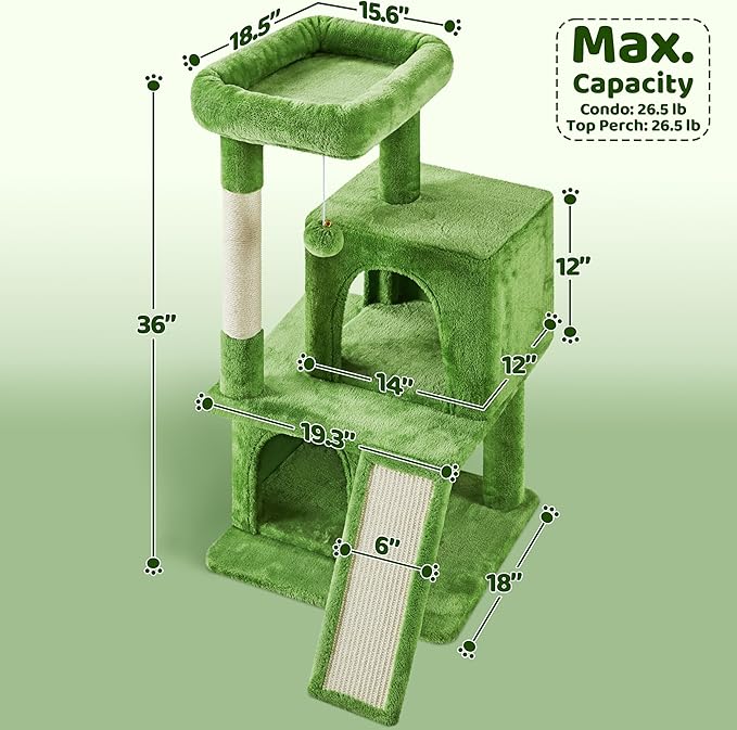 Yaheetech 36in Cat Tree for Indoor Cats, Cat Tower Cat Condo w/Extra Large Perch, Sisal Scratching Posts, Scratching Board, Green