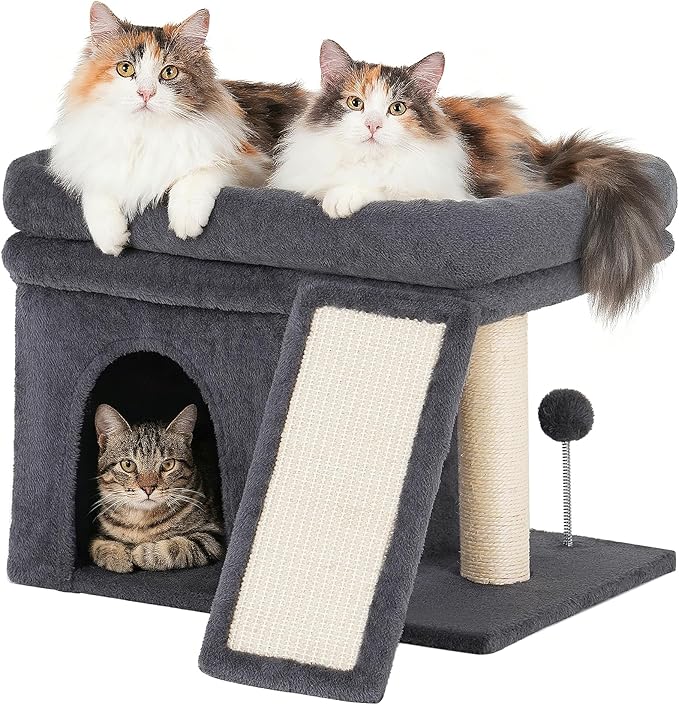 14'' Cat Tree Tower for Indoor Large Adult Cats, 20x16.5'' Big Perch Bed, Sisal Scratcher, Condo Cave for Small Medium Kittens, Dark Gray