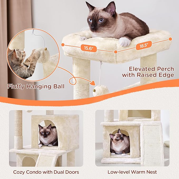 Yaheetech Cat Tree for Indoor Pets, 36in Tower Condo w/Extra Large Perch, Scratching Posts, Board, Dangling Ball, Play Structure for Kittens & Adult Cats, Beige