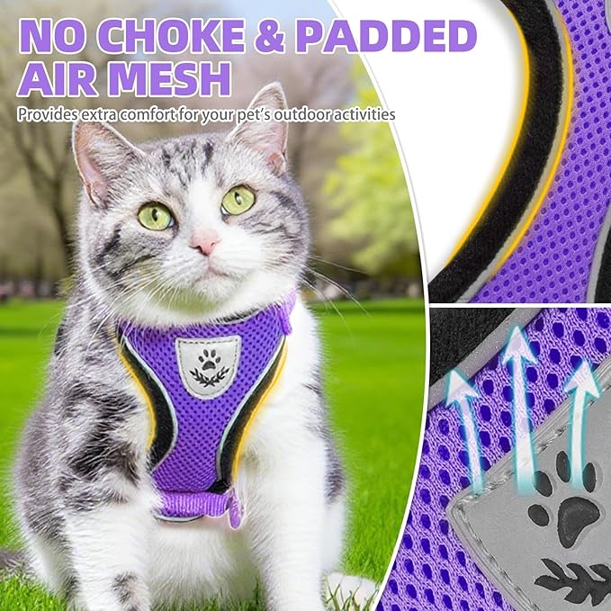 PUPTECK Cat Harness and Leash Set Escape Proof Reflective Cat Walking Harness Adjustable Soft Breathable Mesh Vest for Small Pets, Purple, XS