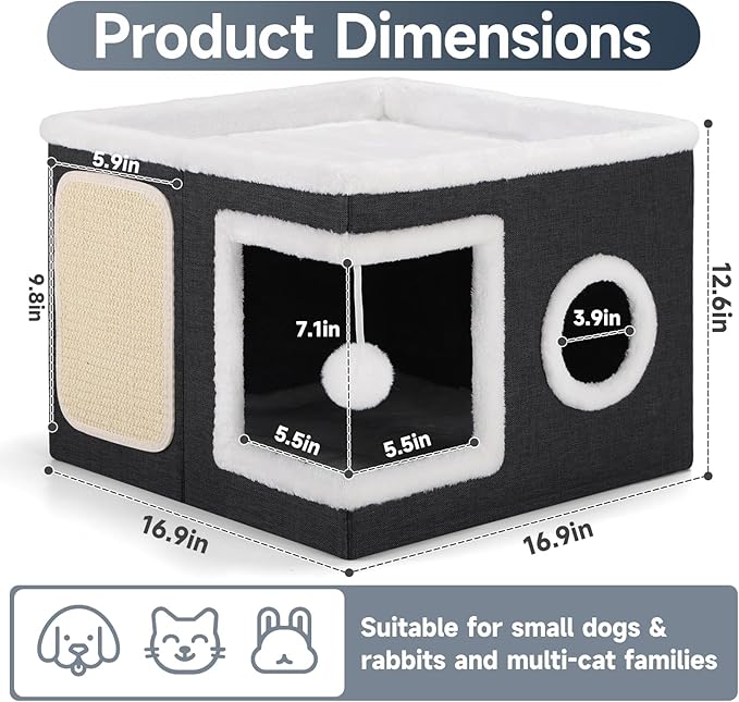 Shikha Cat Beds for Indoor Cats, Large Cat Cave with Cozy Condo, Fluffy Ball, Round Window, Foldable Indoor Cat House Hold Up to 30LBS, Cat Hideaway with Reversible Cushions for All Seasons, Black