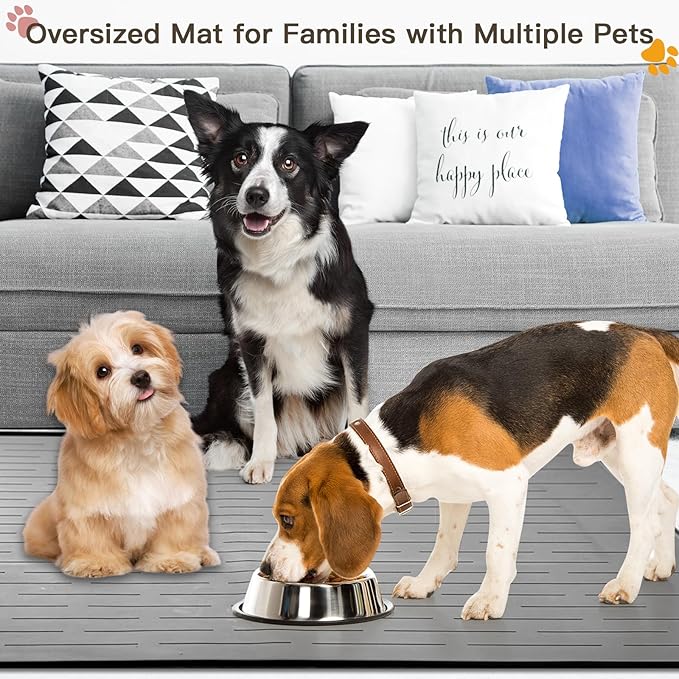 Largest Dog Food Mat, 39.5"x29.5" Silicone Dog and Cat Mat for Food and Water Bowls, Thinken Waterproof Non-Slip XXXL Pet Feeding Mat for Floors (Dark Blue)