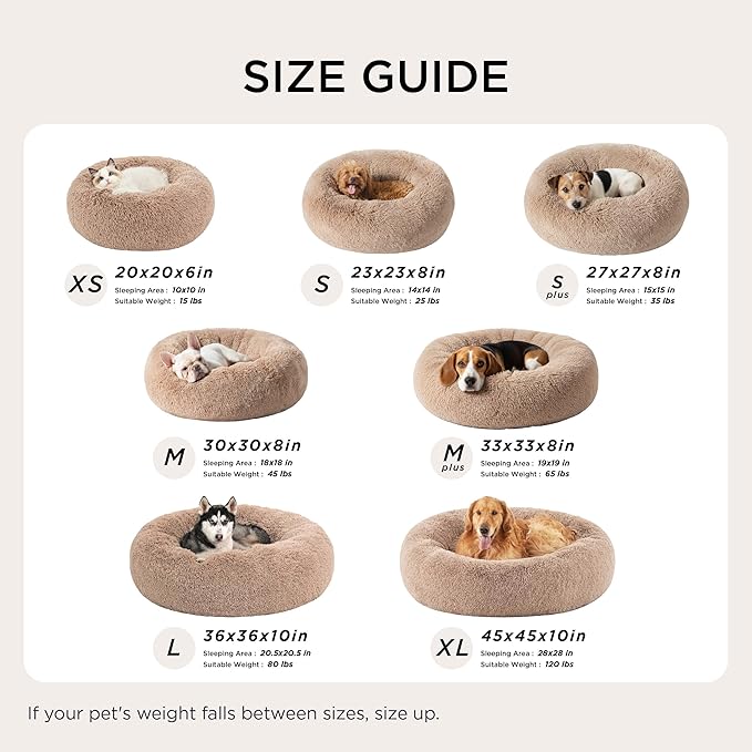 Bedsure Calming Dog Bed for Medium Large Dogs - Donut Washable Large Pet Bed, 33 inches Anti-Slip Round Fluffy Plush Faux Fur Dog Bed, Coffee