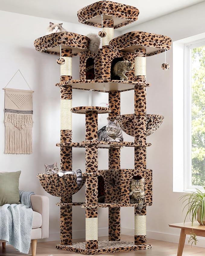 Globlazer Cat Trees and Towers for Multiple Adult Cats, 82-inch XXL Tall Cat Tree Tower for Indoor Cats with Scratching Post, 3 Perches, 2 Condos, 2 Hanging Baskets, F82, Leopard Print