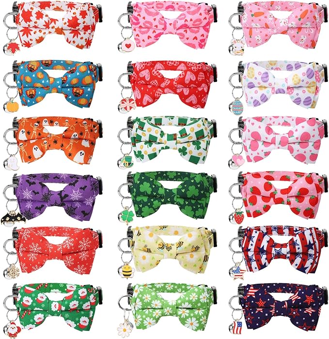 18 Pcs Holiday Cat Collars St. Patrick's Day Cat Collars with Bowtie Adjustable Breakaway Kitten Collar with Plastic Buckle for Holiday Pet Cat Costume