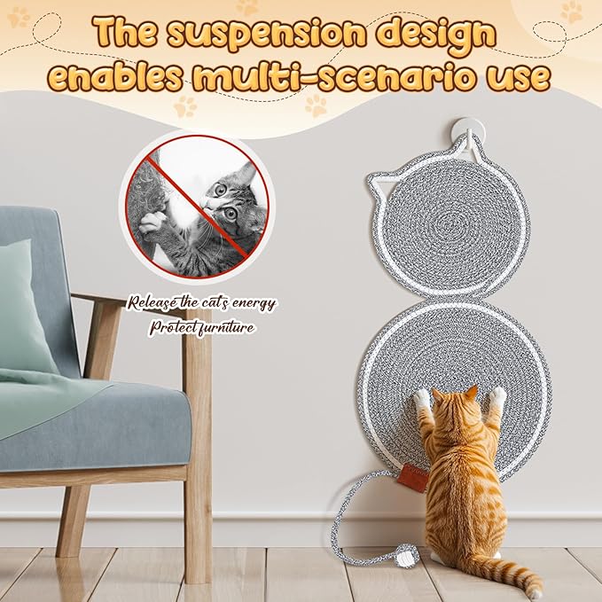 25.6 Inch Large Scratching Mat for Indoor Cats Natural Cotton Rope Flat Scratcher with Ear Hooks and Ball Toy Cat Scratch Rug Pad for Wall, Couch, Carpets, Sofas(Light Gray)