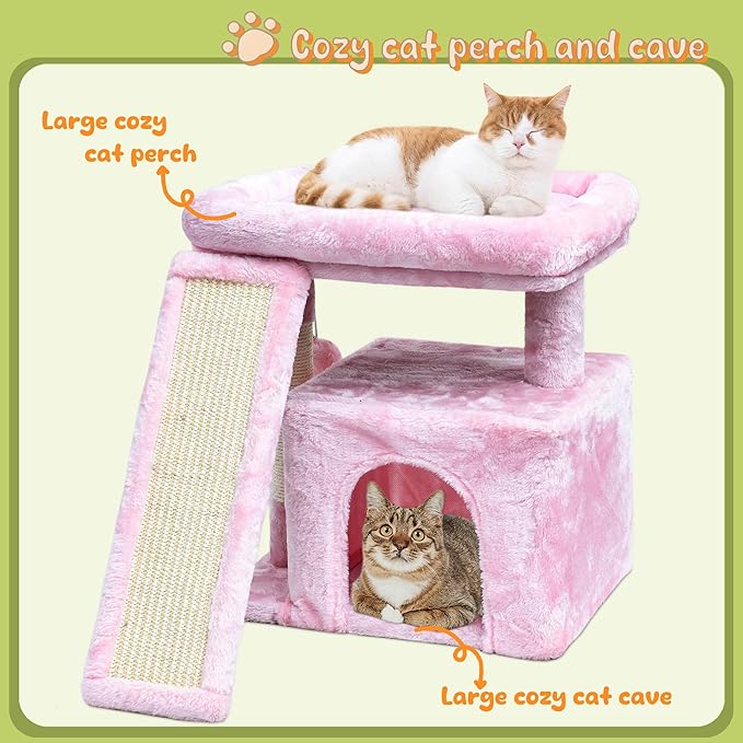 Small Pink Cat Tree for Indoor Cats, Cute Cat Tower with Perch, Condo, House and Stable Stand for Kittens & Adult Pets（Pink）