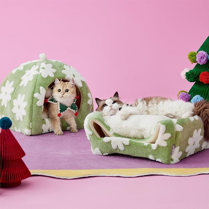 Lesure Cute Cat Beds for Indoor Cats - 2 in 1 Cat Cave Bed for Kittens and Small Pets with Removable Washable Cushioned Pillow, Cozy Ktten Tent with Non-Slip Bottom, Green, 16 inches