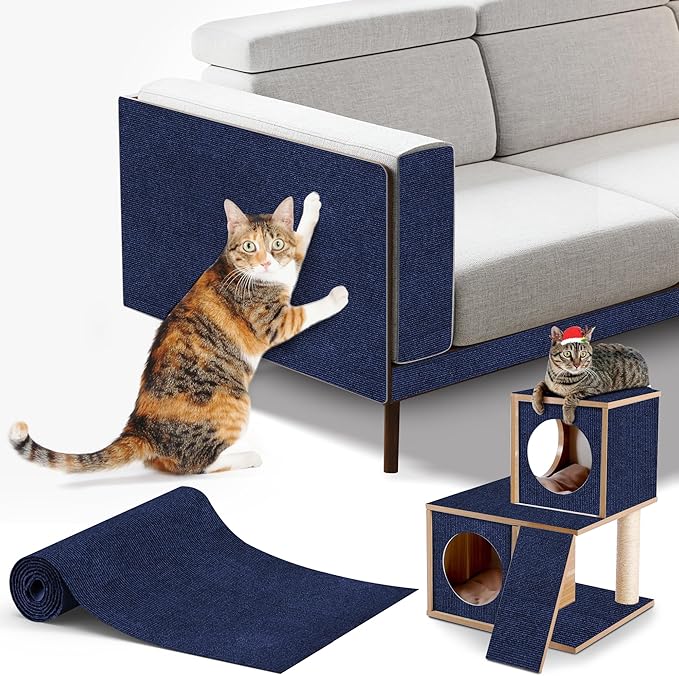 Cat Scratching mat Self-Adhesive, Trimmable Furniture Protector for Couch, Sofa, Wall & Cat Trees - Durable Scratch Pad with Nano Tape, DIY Climbing Carpet for Indoor Cats (Dark Blue, 78.7"x15.8")