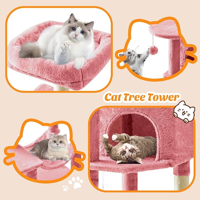 Sweetcrispy 44 inch Cat Tree Tower, Small Cat Climbing Tower with Condo, Natural Sisal Scratching Posts, Extended Platform, Hammock, Pet House for Indoor Cats and Kittens Play, Pink