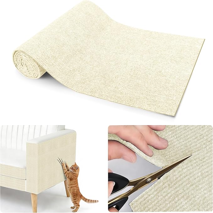 Cat Scratching mat Self-Adhesive, Trimmable Furniture Protector for Couch, Sofa, Wall & Cat Trees - Durable Scratch Pad with Nano Tape, DIY Climbing Carpet for Indoor Cats (White, 78.7"x15.8")