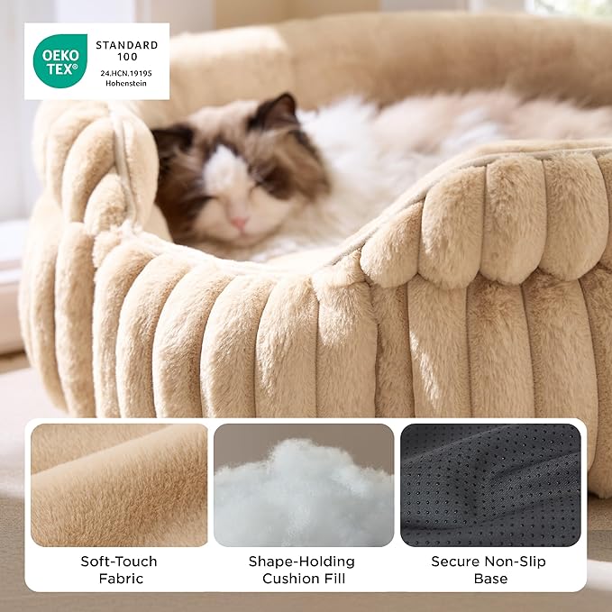 Bedsure ComfyFleece™ Cat Bed, Washable Round Cute Cat Beds for Indoor Cats, Super Soft Corduroy Pet Bed for Puppy and Kitten with Anti-Slip Bottom, 23''x23''x8.5'', Sandy Beige