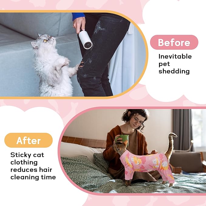 PUMYPOREITY Cat Hair Sticky Shirt – Breathable & Lightweight, Reduces Shedding Fur Pajamas, Prevents Licking Wounds After Surgery, Cat Sweaters - Soft & Machine Washable, Pink, M
