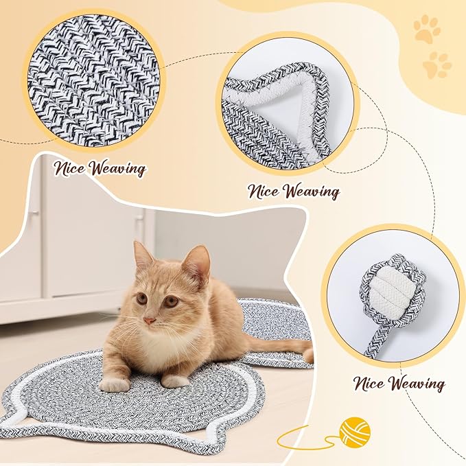 25.6 Inch Large Scratching Mat for Indoor Cats Natural Cotton Rope Flat Scratcher with Ear Hooks and Ball Toy Cat Scratch Rug Pad for Wall, Couch, Carpets, Sofas(Light Gray)